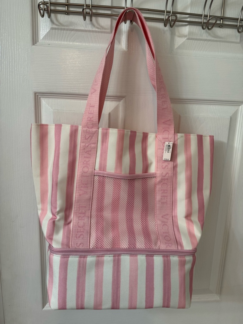 NWT Victoria's Secret Pink & White Striped Canvas Tote cooler on bottom half - Picture 2 of 6